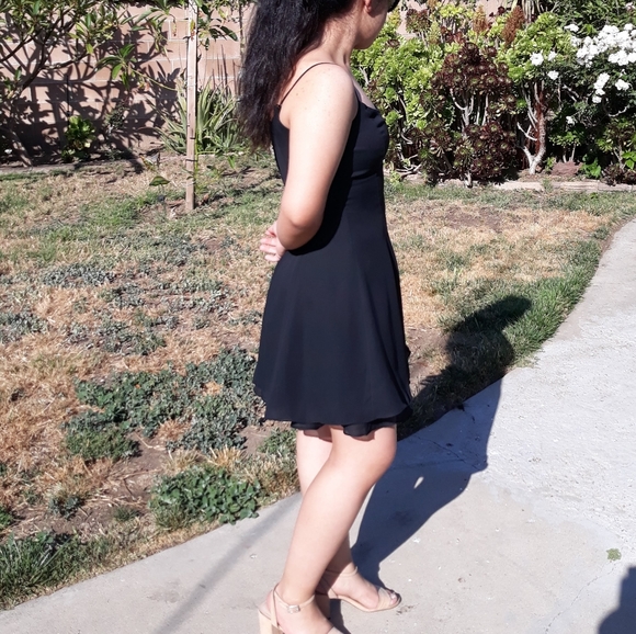 Black silky sleeveless thin strap flarey minidress - Picture 2 of 16